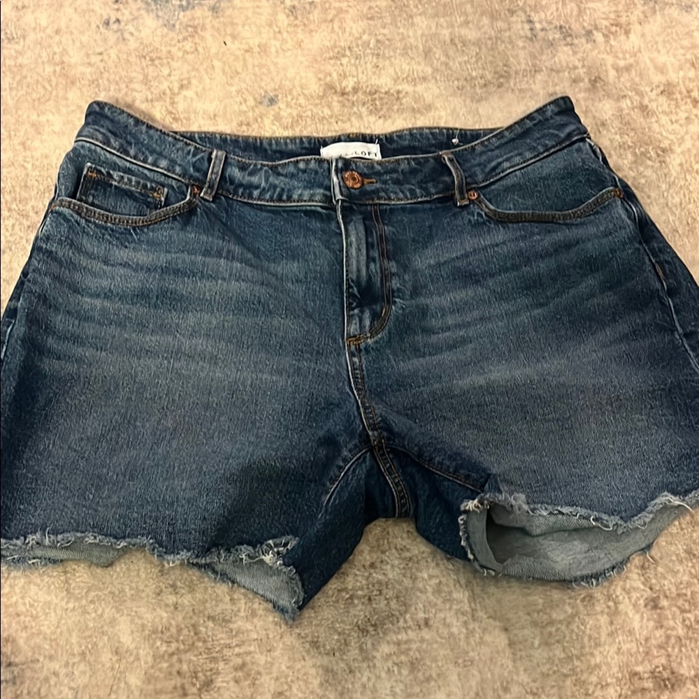 LOFT Medium-Dark Wash Midrise Jean Shorts with Frayed Hem. Size 10/30.